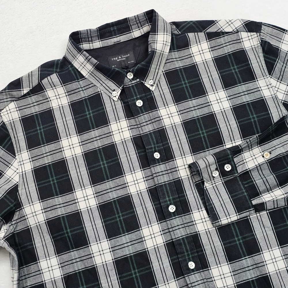 Rag & Bone Plaid Button Down Mens XL Black Green Fit 2 Cotton Long Sleeve Preppy